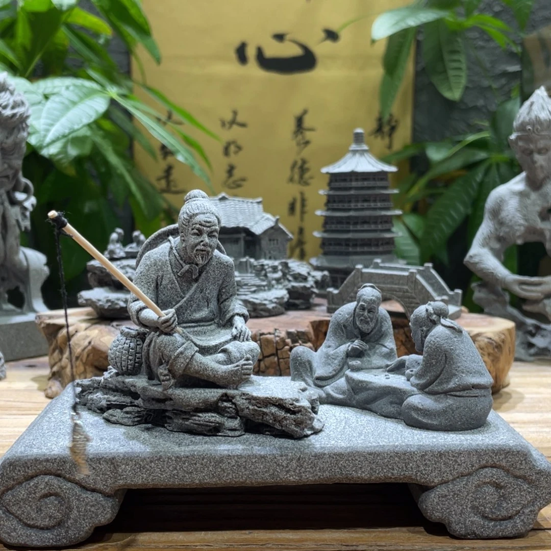 石材钓鱼一个下棋一个