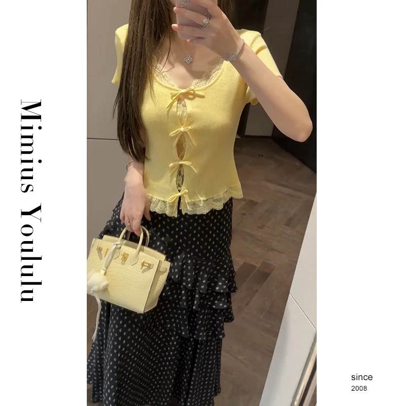 【mimius】L 甜系蕾丝减龄蝴蝶结针织短袖+不规则半身裙 WG03124