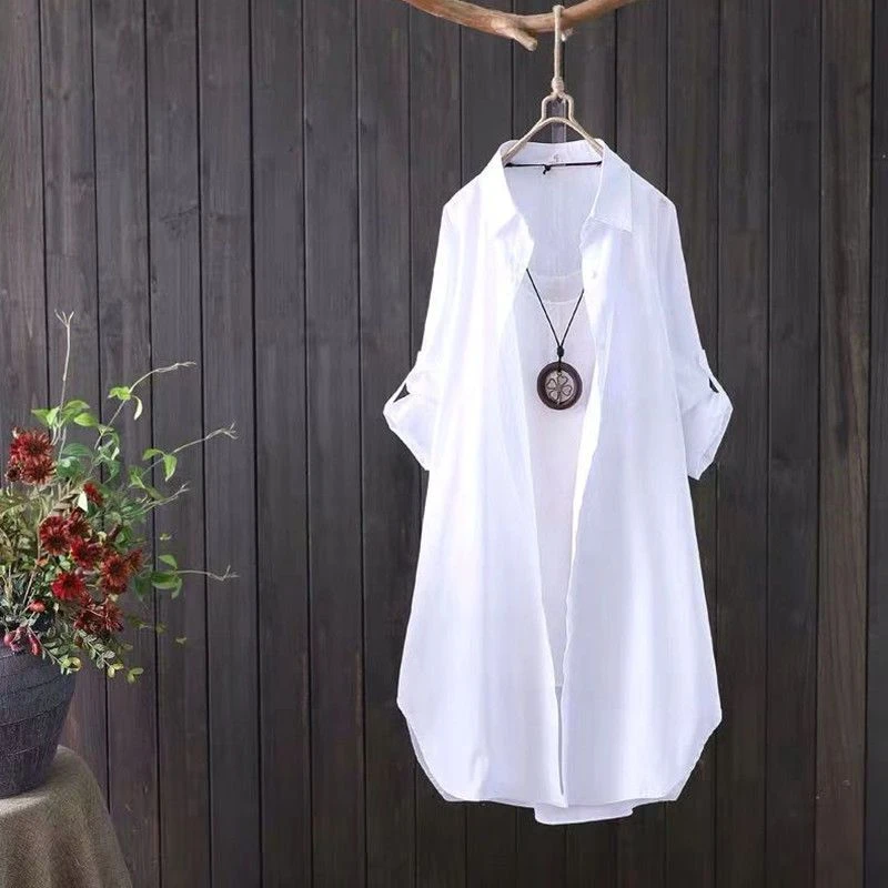 白色衬衫女中长款2025春夏秋新款韩版宽松上衣设计感棉质衬衣外套