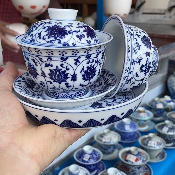 青花釉下彩盖碗杯子壶承