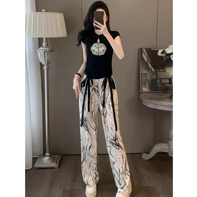 新中式国风水墨套装女夏季时尚盘扣T恤上衣阔腿裤休闲运