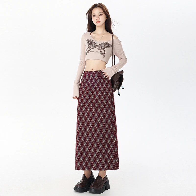 2610毛呢格子百搭高腰半身裙女秋冬遮肉显瘦a字包臀长裙