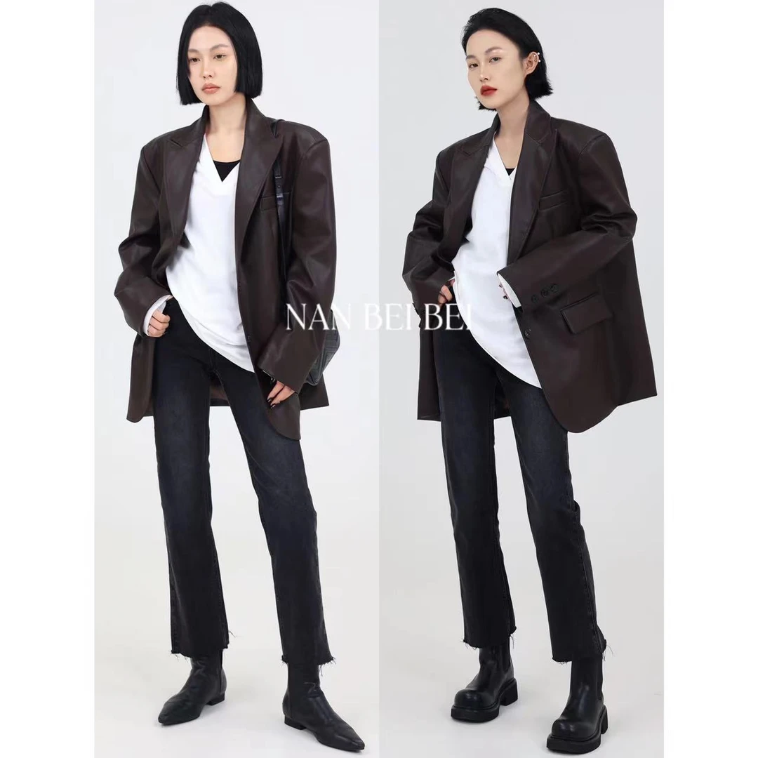 【现货】新款韩版时尚美式复古高级感皮西装时尚咖色皮衣外套7146