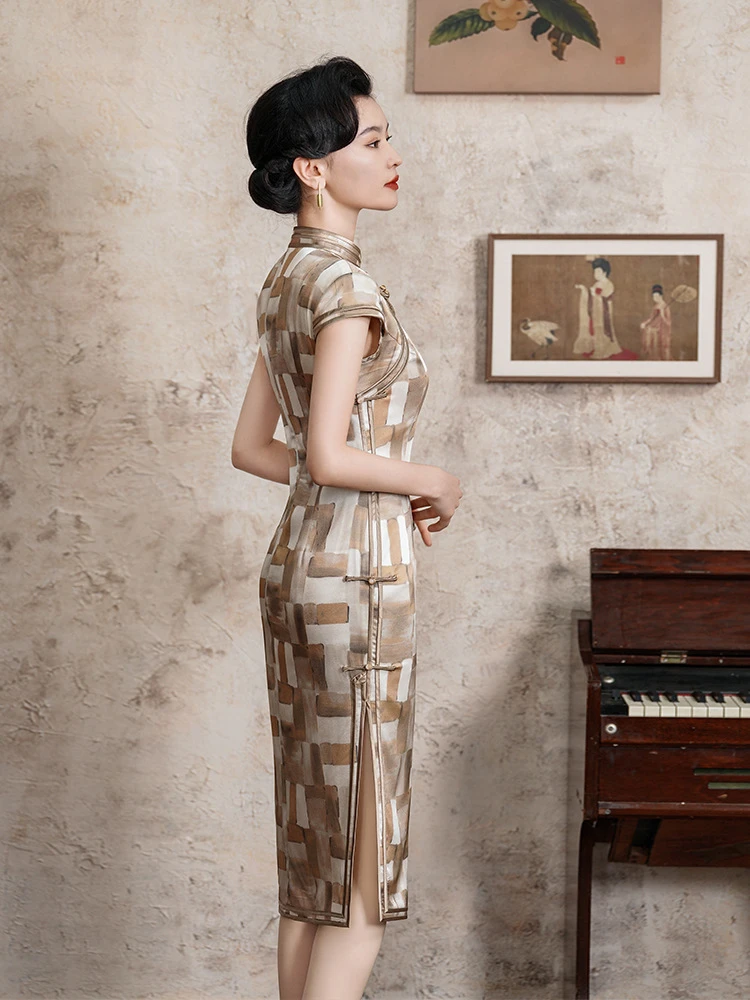 苏禧旗袍·新款改良真丝旗袍高级感桑蚕丝格子夏小个子短款复古