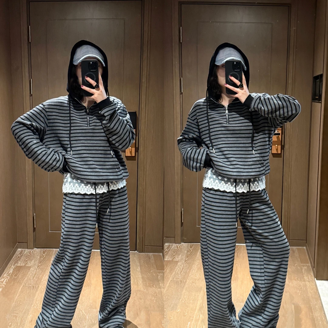 YDFSTUDIO小众【心头爱】欧货早春条纹拼接连帽设计卫衣+裤子套装