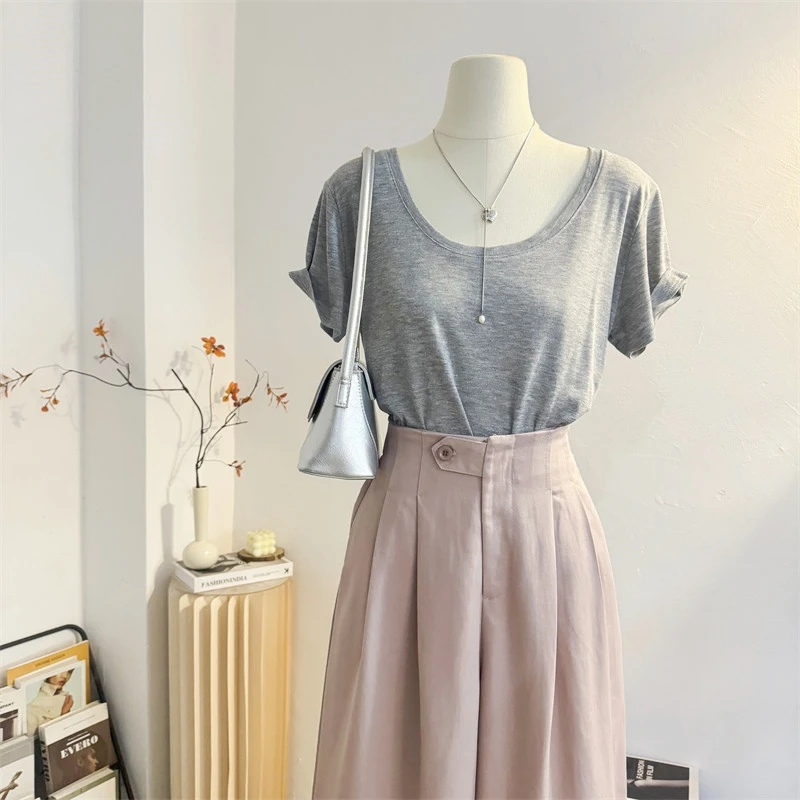 灰色正肩U领短袖t恤女2025春夏季宽松休闲百搭纯色打底衫韩系上衣