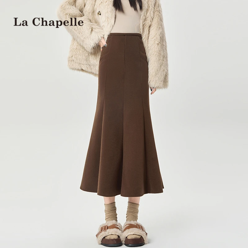 拉夏贝尔咖色毛呢西装鱼尾半身裙女秋冬季加厚高腰显瘦长款包臀裙