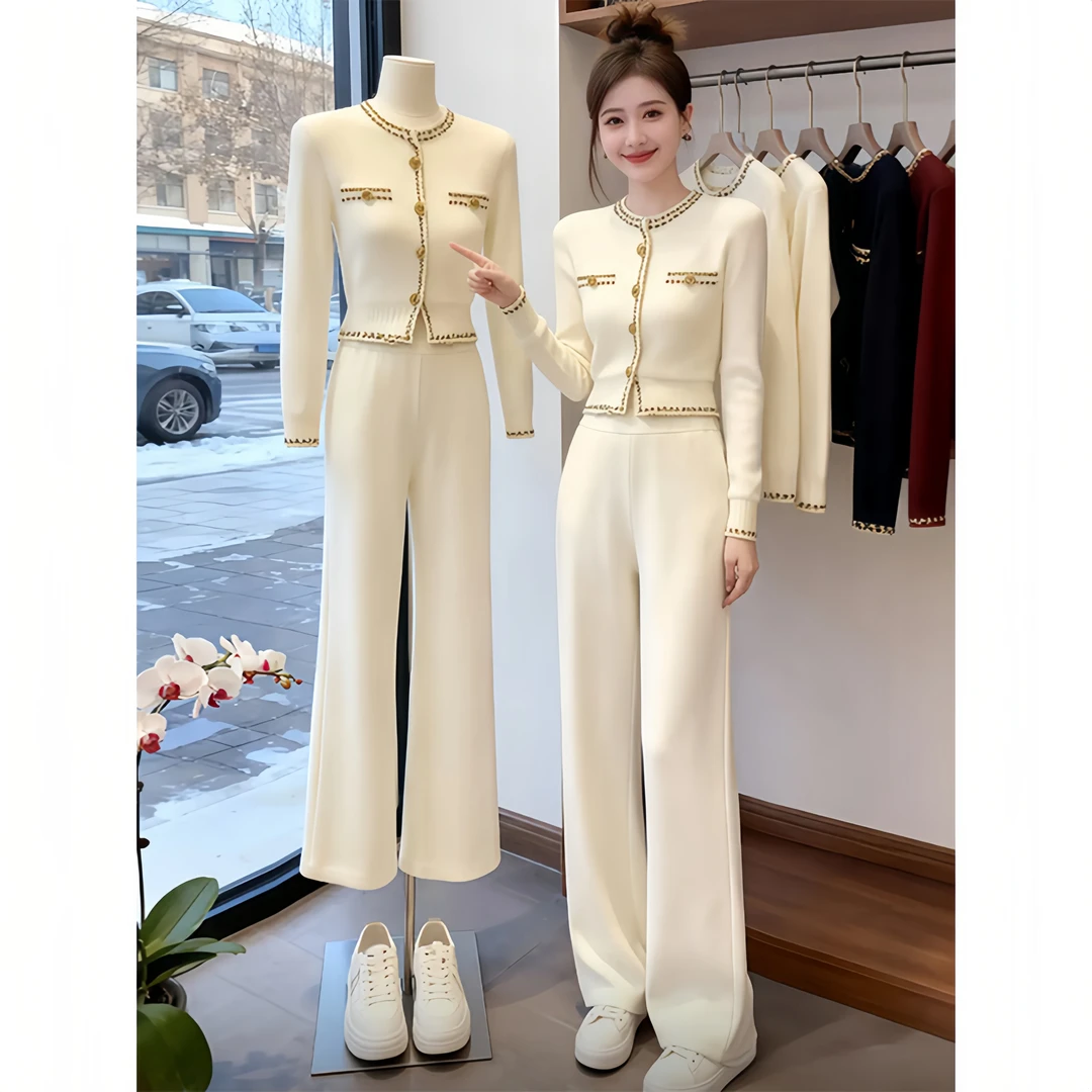 冬季新款大方得体气质高级感小香风白色针织上衣裤子时尚套装洋气