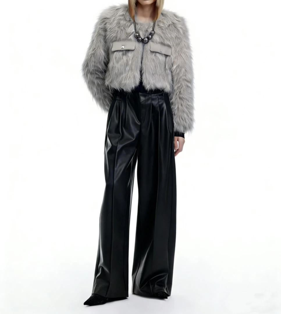 美式工装冬季毛毛短款外套女设计感直筒阔腿裤子潮套装女