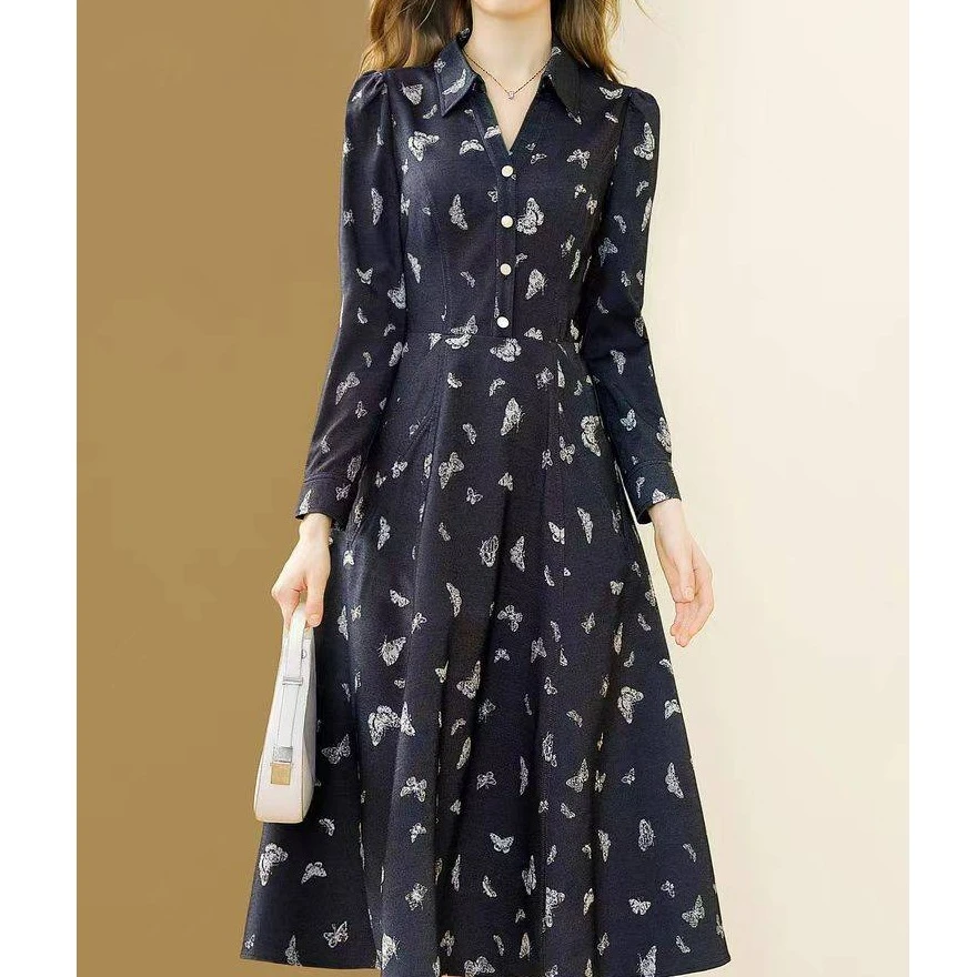 3024#法式复古印花连衣裙女新款春季收腰显瘦中长裙