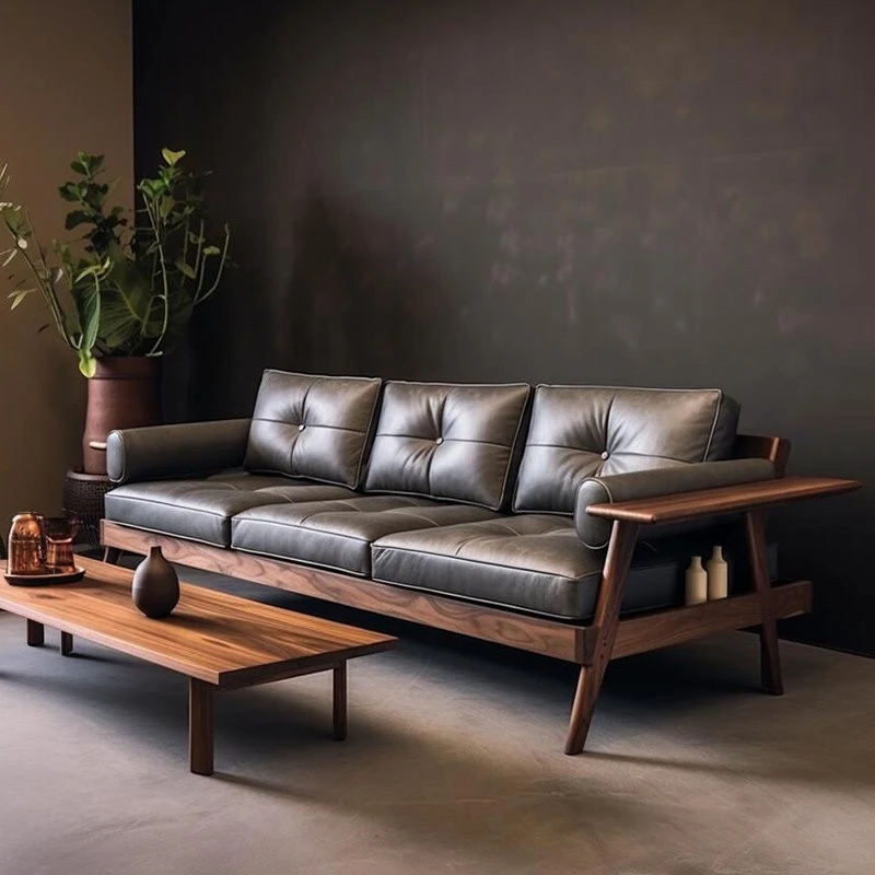 新中式真皮沙发北美黑胡桃木现代客厅复古直排三人实木沙发设计师