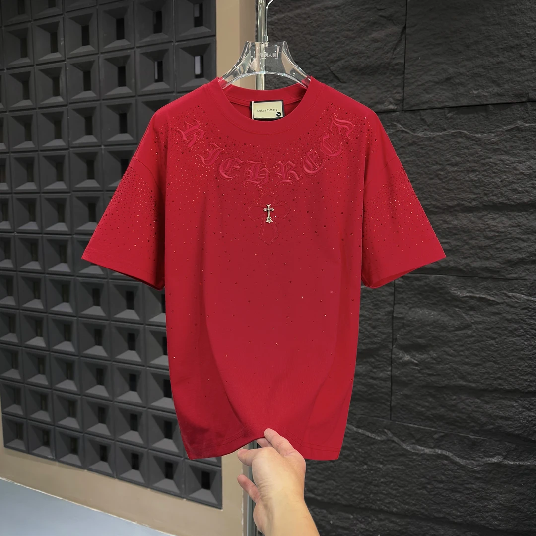 CB-A1024-春夏新款男士刺绣小标爆闪烫钻短袖男女同款轻奢时尚