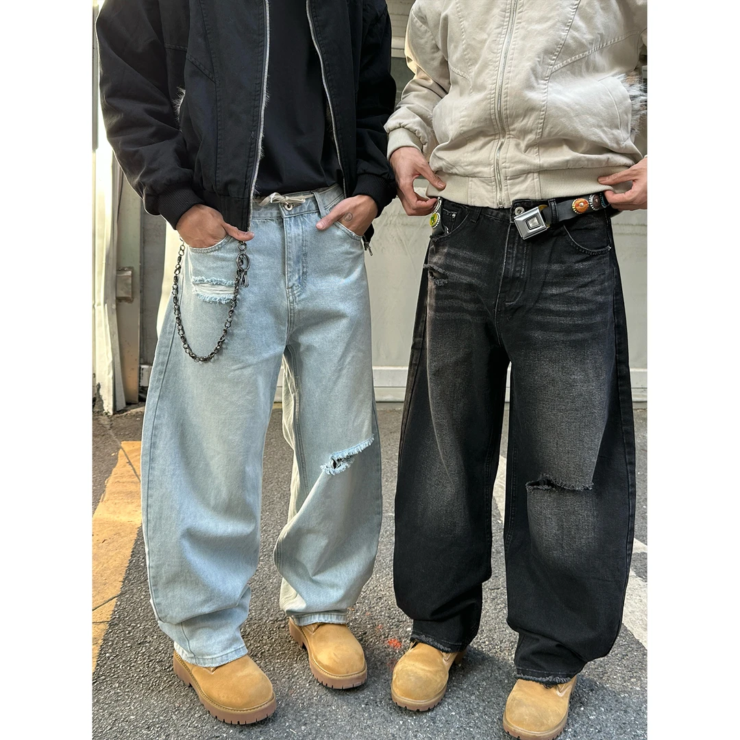 Faxims Store 美式休闲破洞弯刀牛仔裤男宽松直筒水洗做旧长裤