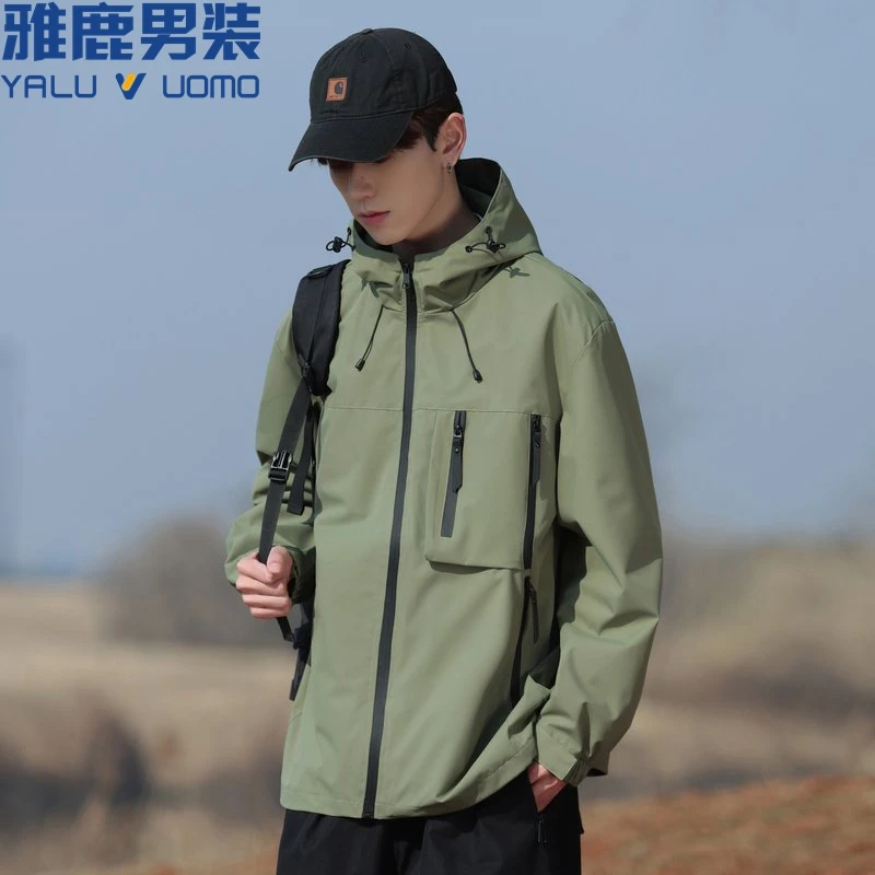 雅鹿男装春秋防风休闲外套连帽男女夹克上衣百搭工装户外冲锋衣潮