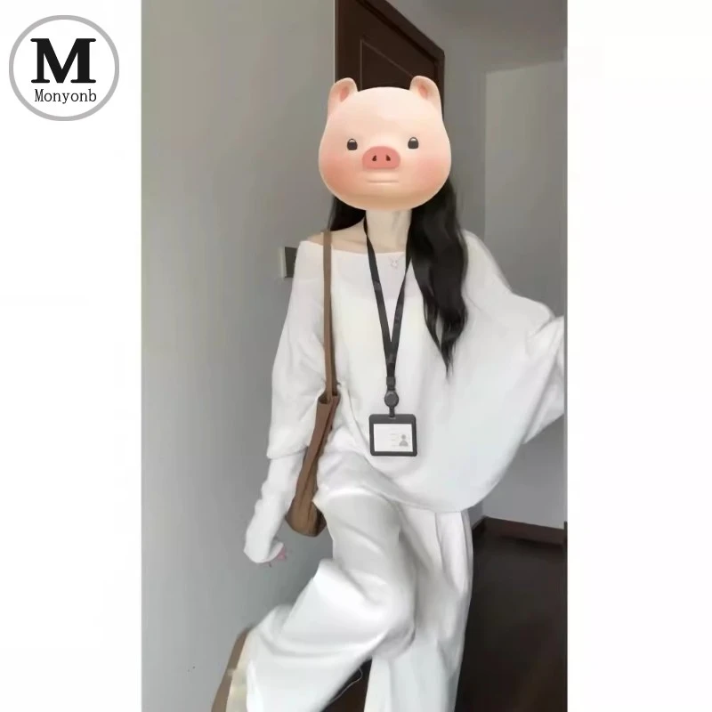 米白色慵懒风露肩长袖针织衫女秋季新款大码胖MM休闲百搭纯欲上衣