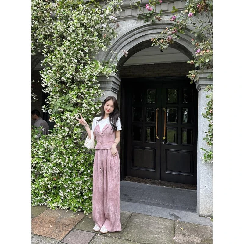 LUOZHIYIN/罗知音【T10039X】粉色夏季短袖百搭修身上衣+裤子