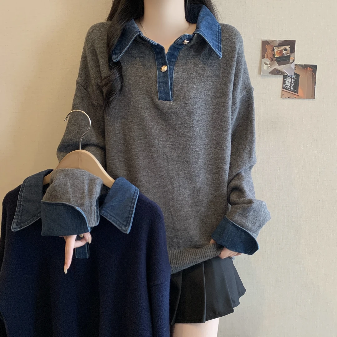 大码胖mm牛仔拼接假两件毛衣女装秋冬新款高级宽松长袖针织衫上衣