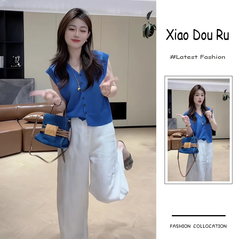 夏季流行穿搭一整套新款2025年韩系减龄显瘦针织短袖阔腿裤两件套