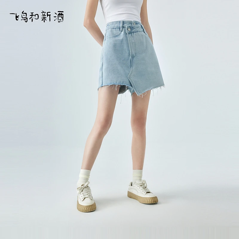 【大叔专享】飞鸟和新酒设计感假两件牛仔裤薄款复古短款热裤3035