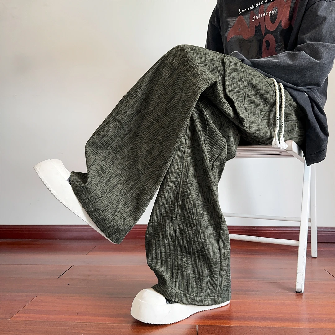 格纹灯芯绒工装裤男春秋季宽松直筒休闲长裤潮牌复古垂感阔腿裤子