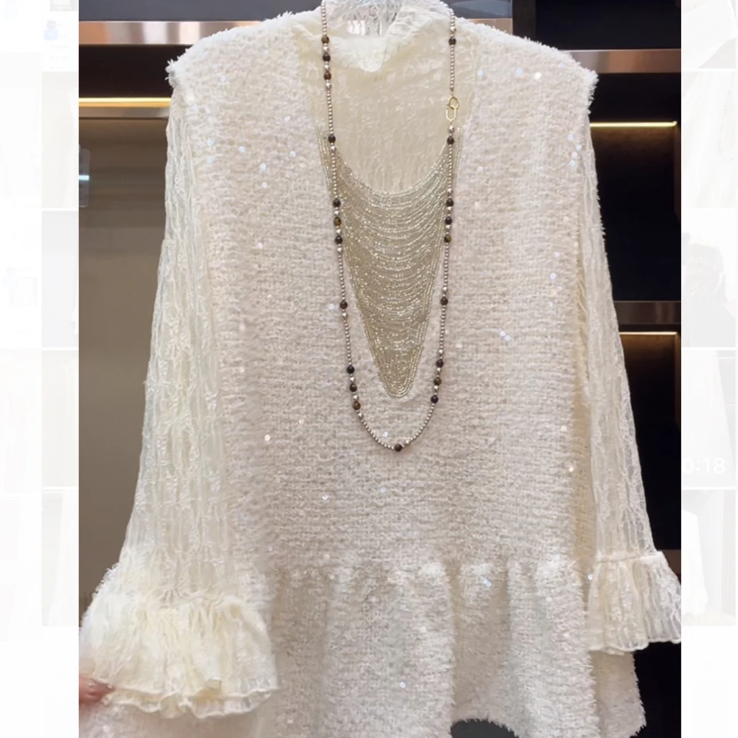 白月光真两件重工串珠V领马甲➕蕾丝打底宽松显瘦长袖气质百搭上衣