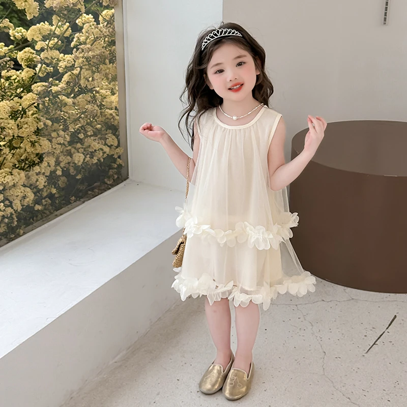 女童夏季无袖连衣裙洋气小女孩花瓣裙子时髦女宝宝背心纱裙公主裙