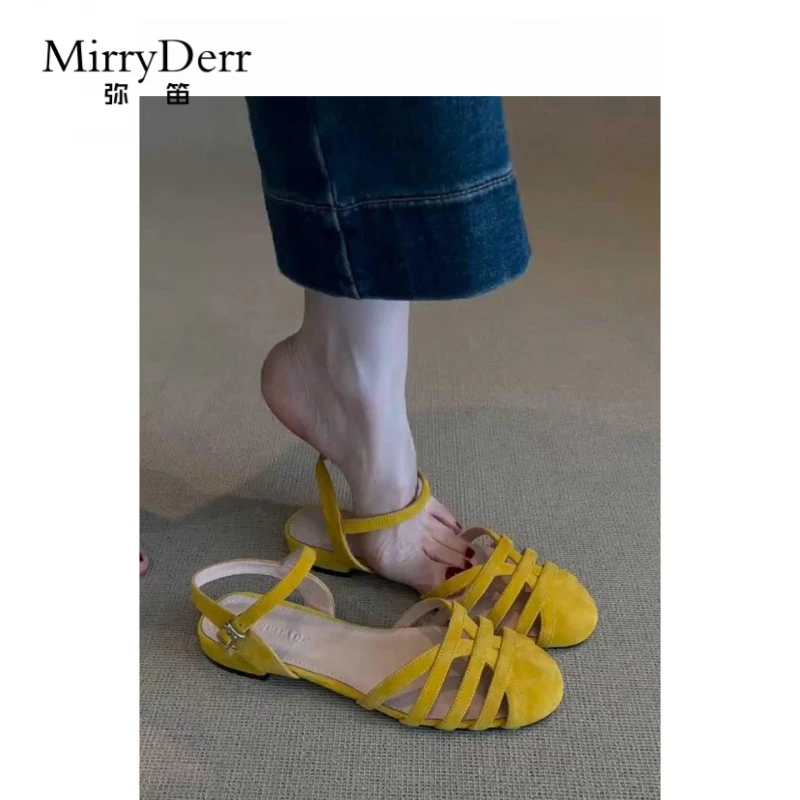 弥笛时尚爆款气质法式包头编织凉鞋女2025夏新款百搭镂空罗马鞋
