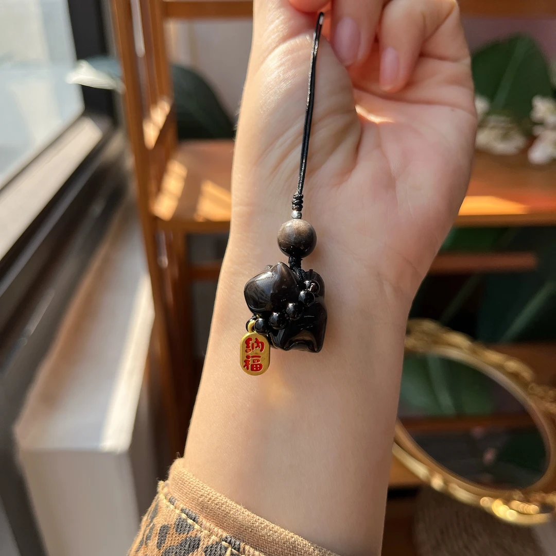 招财猫-银曜石立体小猫铜配件手机挂