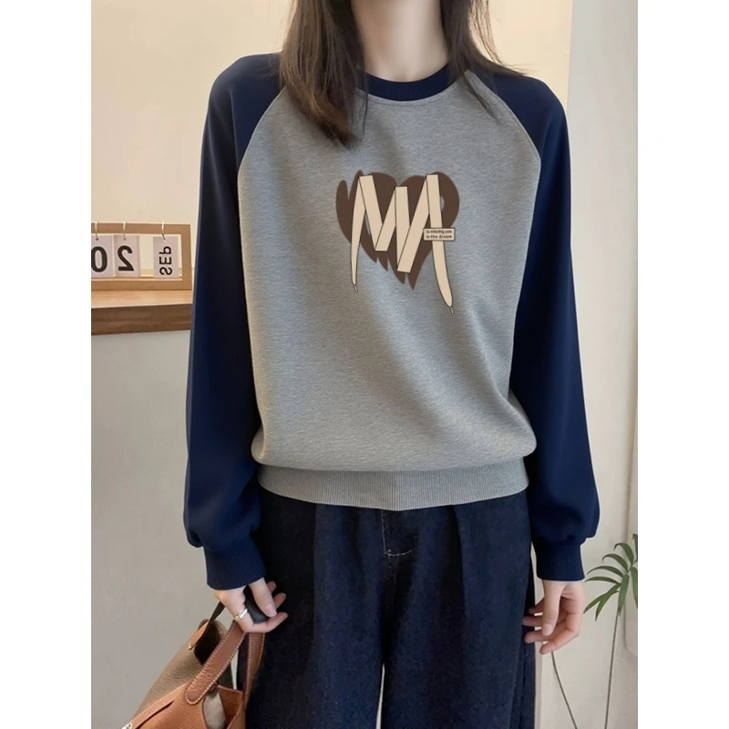 新款大码加绒插肩圆领卫衣女秋冬卡通减龄印花宽松加厚潮休闲外套