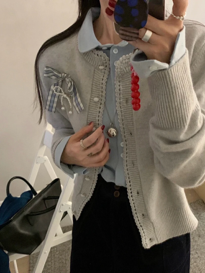 F·【蝴蝶】慵懒韩系少女感立体蝴蝶结装饰设计感厚实百搭毛衣开衫