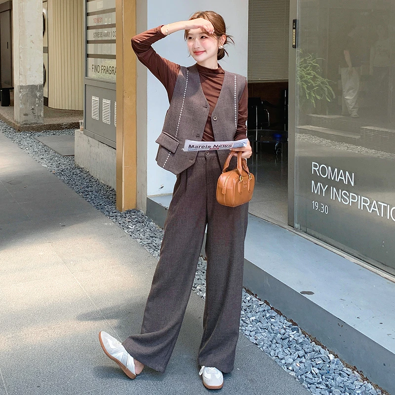 韩系早秋美拉德套装女2025流行新款松弛感马甲阔腿裤打底衫三件套