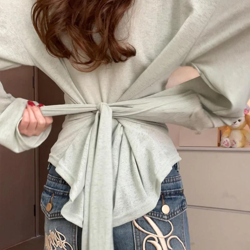 大码胖mm2025秋季新款百搭绑带收腰防晒罩衫T恤女慵懒感微透上衣