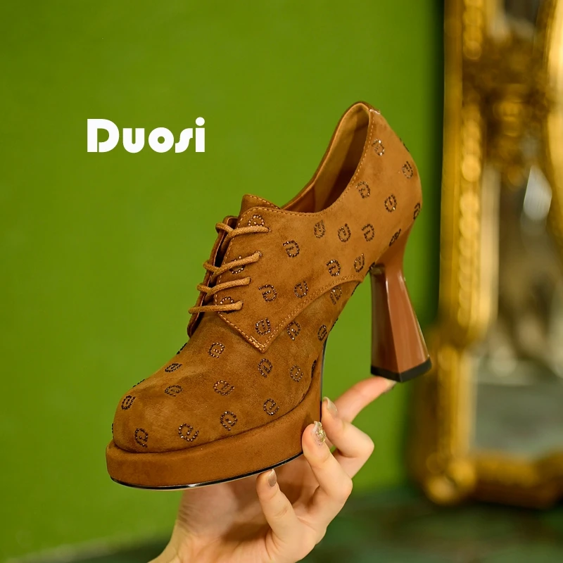 【DUOSI】9cm水钻系带深口单鞋女细跟高跟鞋时尚气质宴会鞋Y9735