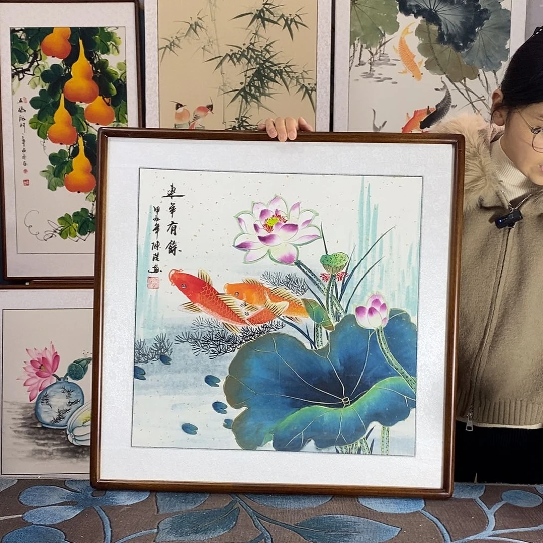 国画手写手绘国画作品带框包邮62✖️62