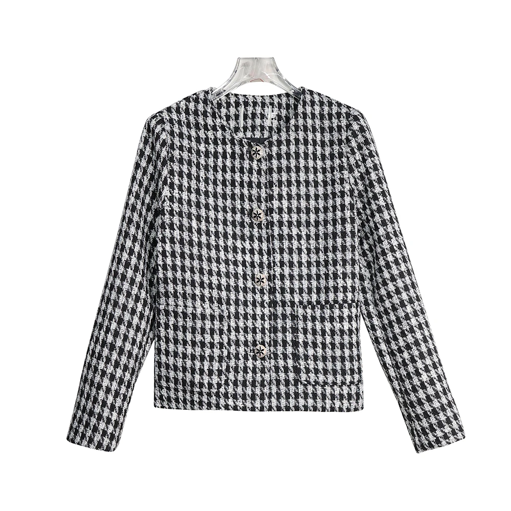 短款小香风外套英伦复古小众百搭黑色千鸟格上衣-F103