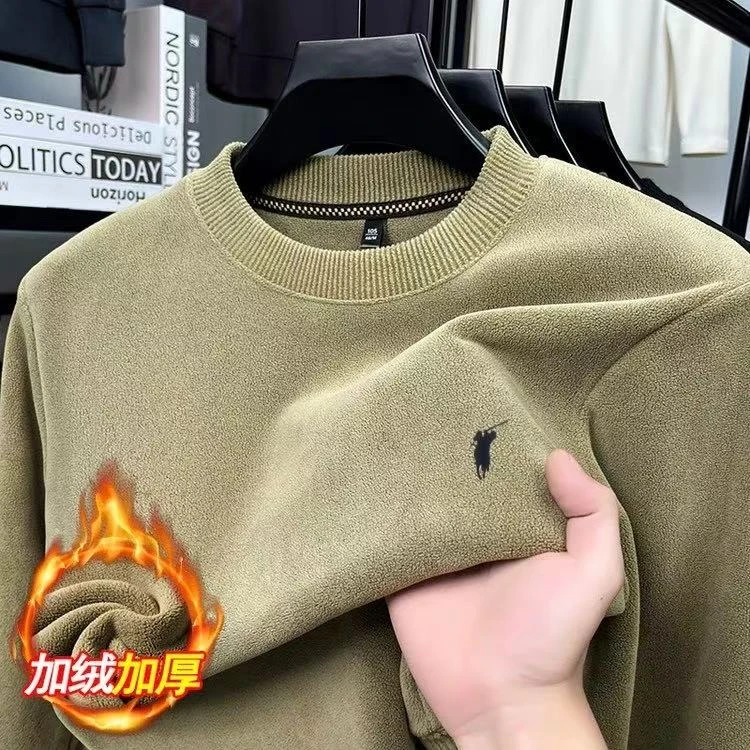 冬季高档男士加绒加厚卫衣圆领保暖男装针织衫双面澳粒绒男装上衣