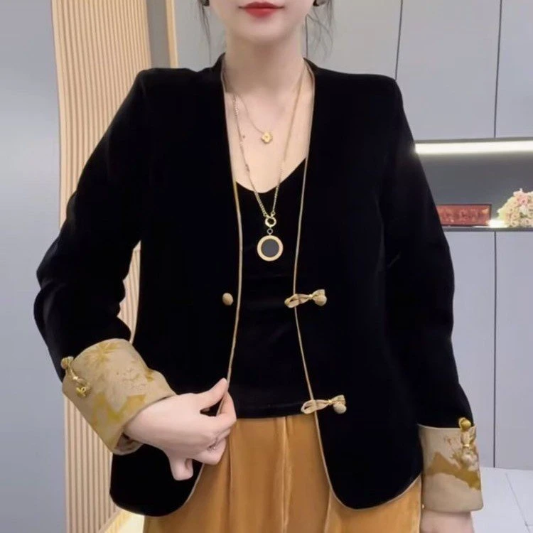 2025春季新款时尚宽松气质新中式国风盘扣拼色女装外套