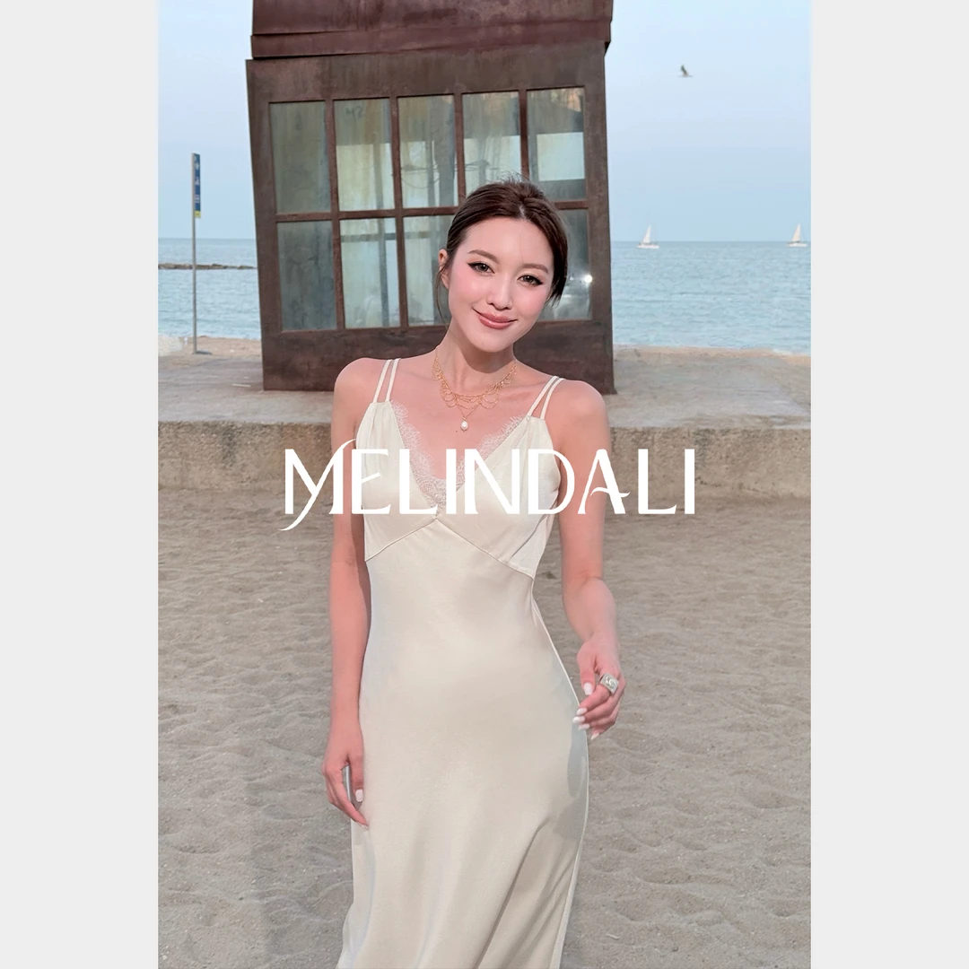 Melinda Li【象牙塔】梦颖私服醋酸蕾丝斜裁收轻礼服腰吊带连衣裙