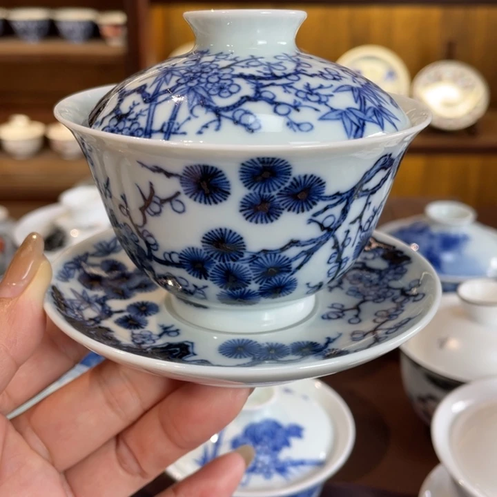 仙**诗手工手绘松竹梅盖碗（微瑕）