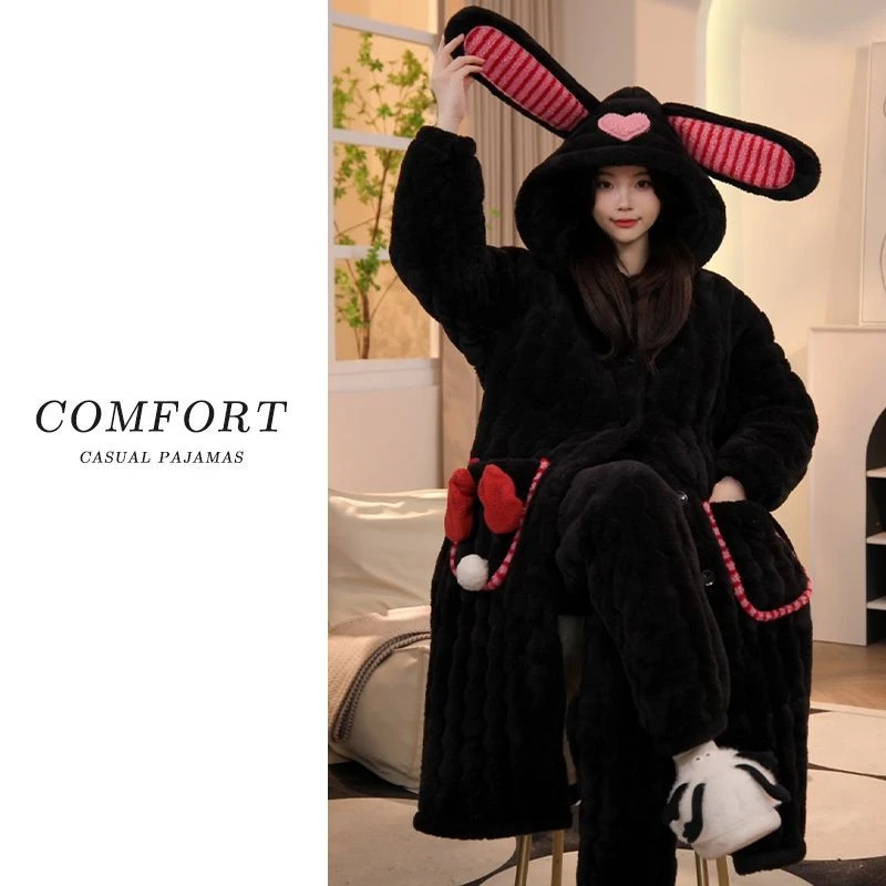 三层夹棉加绒加厚睡袍女珊瑚绒保暖睡衣女2025年秋冬款家居服套装