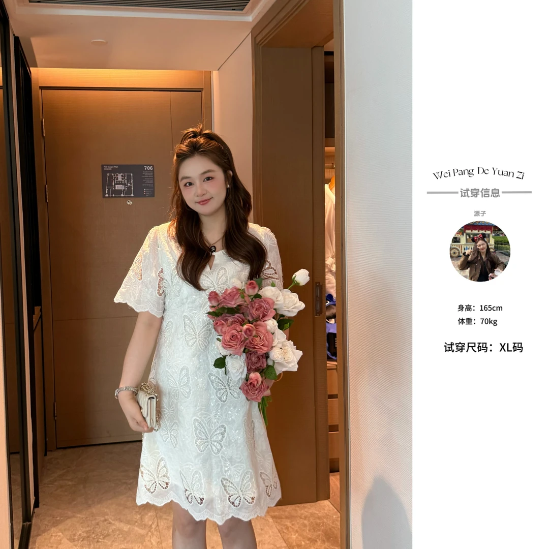 楠序【蝶影呢喃】源子微胖女装 2025年夏装新气质镂空连衣裙YZ36550