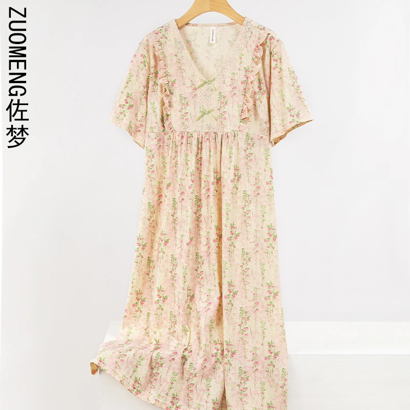 佐梦睡衣女夏季薄款纯棉短袖睡裙带胸垫家居服舒适2025新款休闲