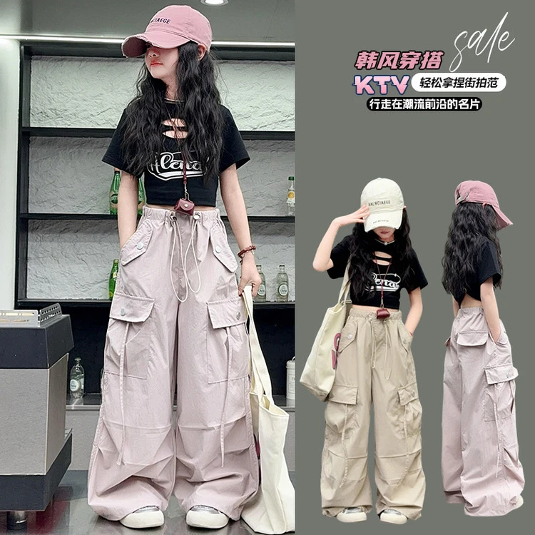 女童夏季潮流设计感短袖儿童洋气韩风百搭工装裤时尚炸街薄款套装