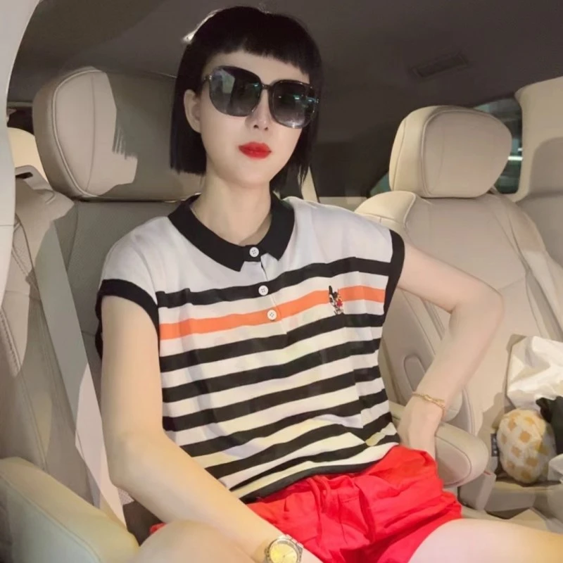 （翻领刺绣米琪条纹）韩风小众风格针织夏季短袖上衣