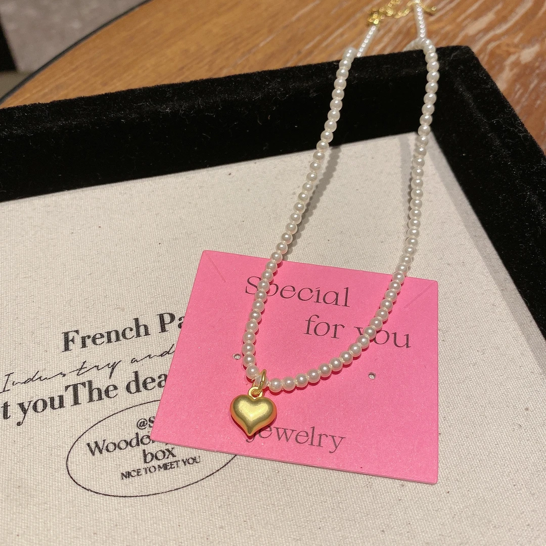 铜仿珍珠项链 小米珠爱心珠珠项链小众优雅气质百搭锁骨链颈链