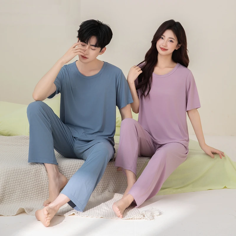 冰丝情侣睡衣女夏季薄款透气凉感男青年休闲大码可外穿家居服套装