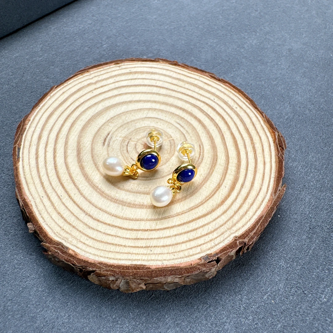 青金石珍珠耳钉S925银