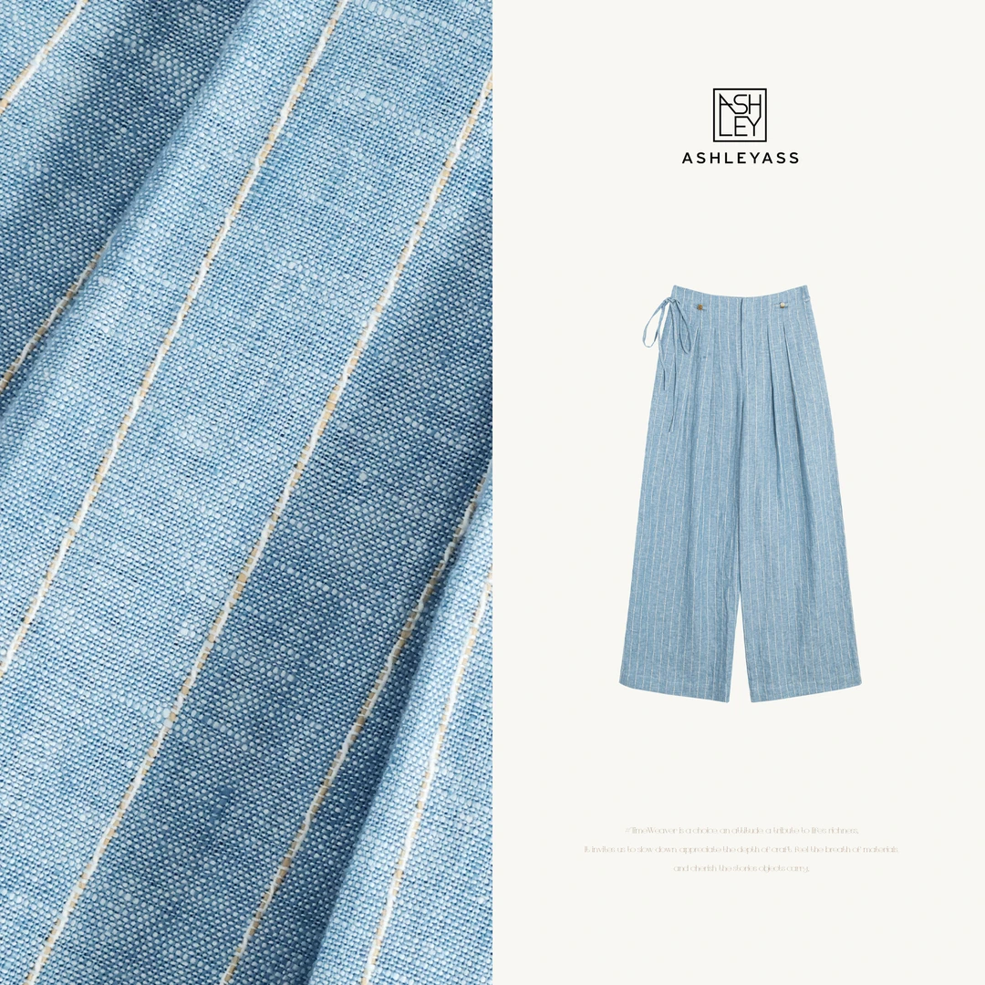 ashleyass“玳瑁色珠”色织亚麻条纹设计师阔腿休闲裤LSK250458C