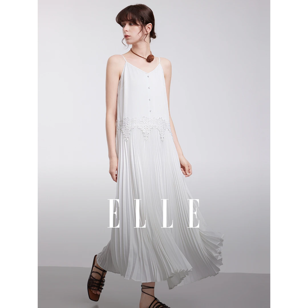 ELLE法式风琴褶连衣裙吊带长裙2025春季新款优雅度假裙子EL50876