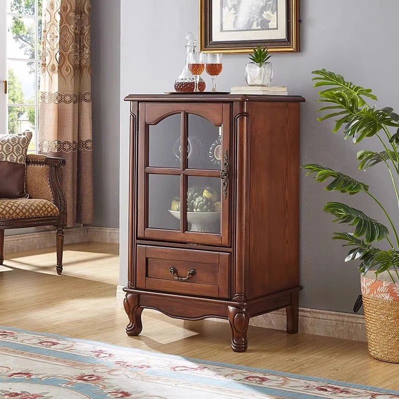 美式酒柜全实木客厅储物收纳柜靠墙小玻璃单门欧式电视柜旁展示柜